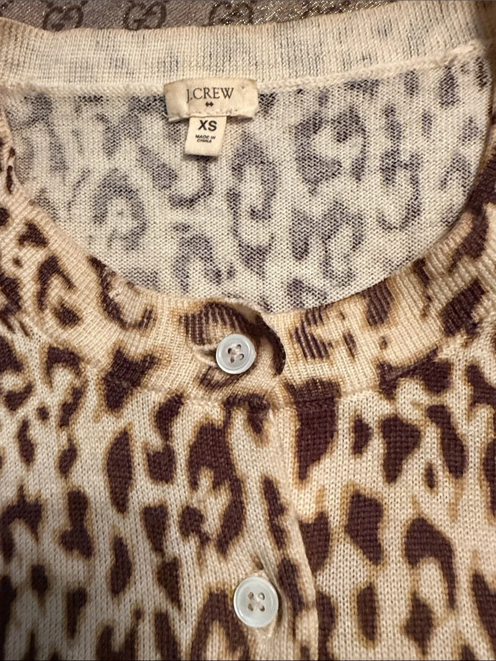 J. Crew Leopard Spot Crewneck Cardigan in Brown & Cream